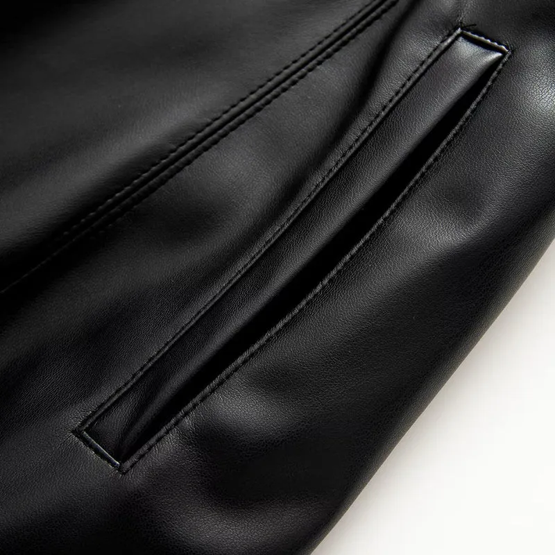 Damen Langer veganer Lederblazer mit Schalkragen, taillierter Doppelknopf-Optik und Eingrifftaschen Drune