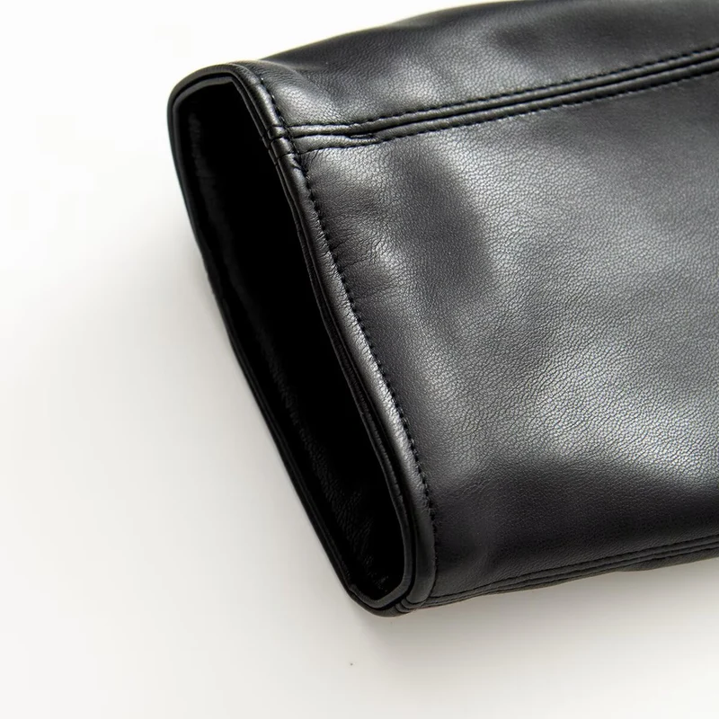 Damen Langer veganer Lederblazer mit Schalkragen, taillierter Doppelknopf-Optik und Eingrifftaschen Drune