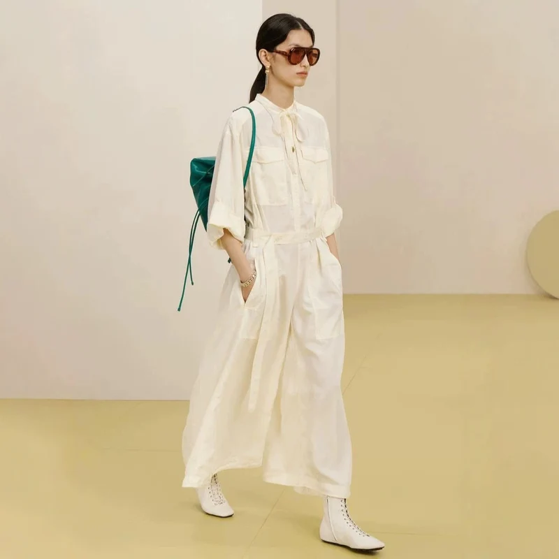 Damen Langer Utility-Jumpsuit mit Hemdkragen und Bindegürtel Drune