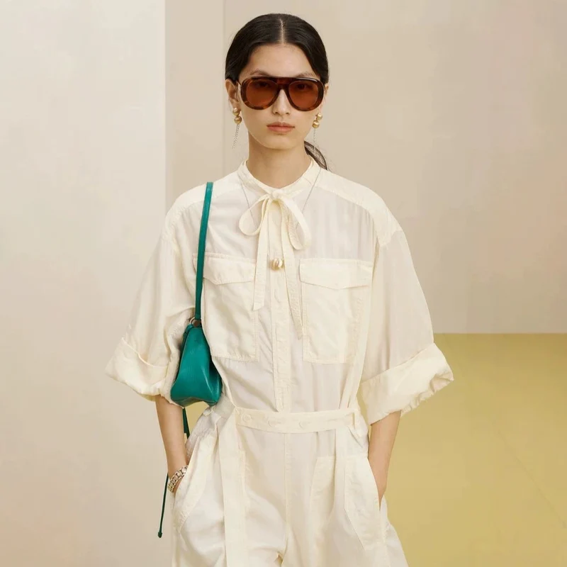 Damen Langer Utility-Jumpsuit mit Hemdkragen und Bindegürtel Drune