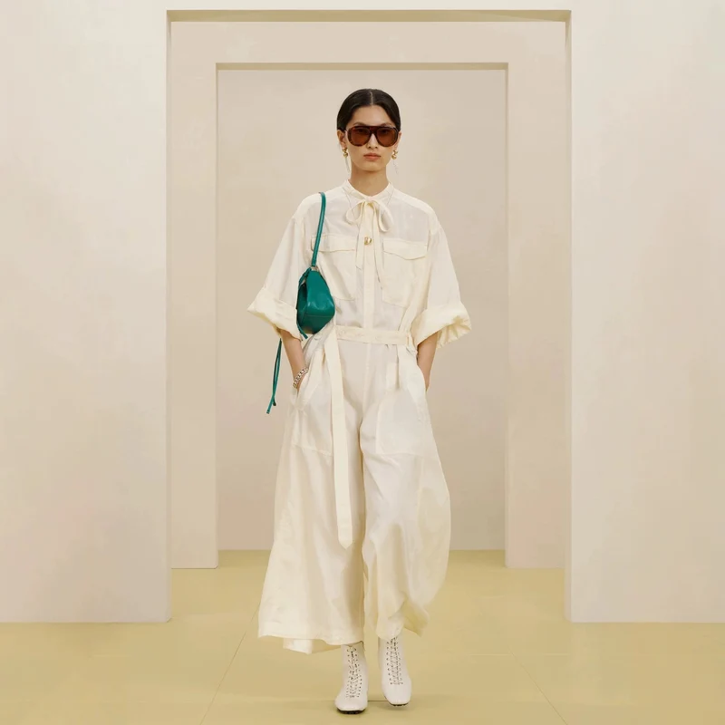 Damen Langer Utility-Jumpsuit mit Hemdkragen und Bindegürtel Drune