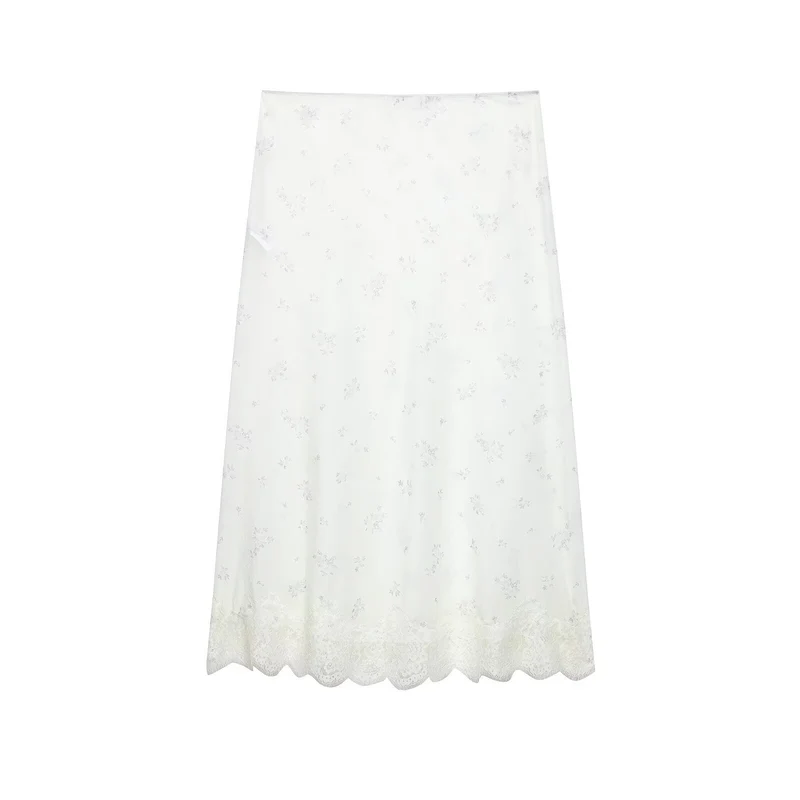 Damen Langer Unterrock mit floraler Spitzenborte und feinem Stickmesh Drune