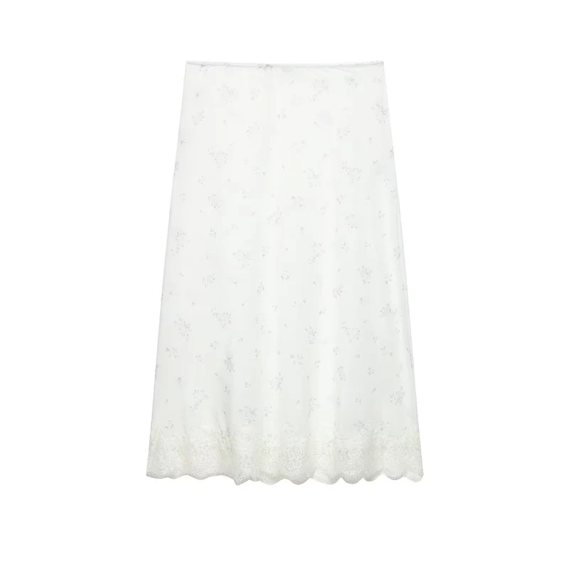 Damen Langer Unterrock mit floraler Spitzenborte und feinem Stickmesh Drune