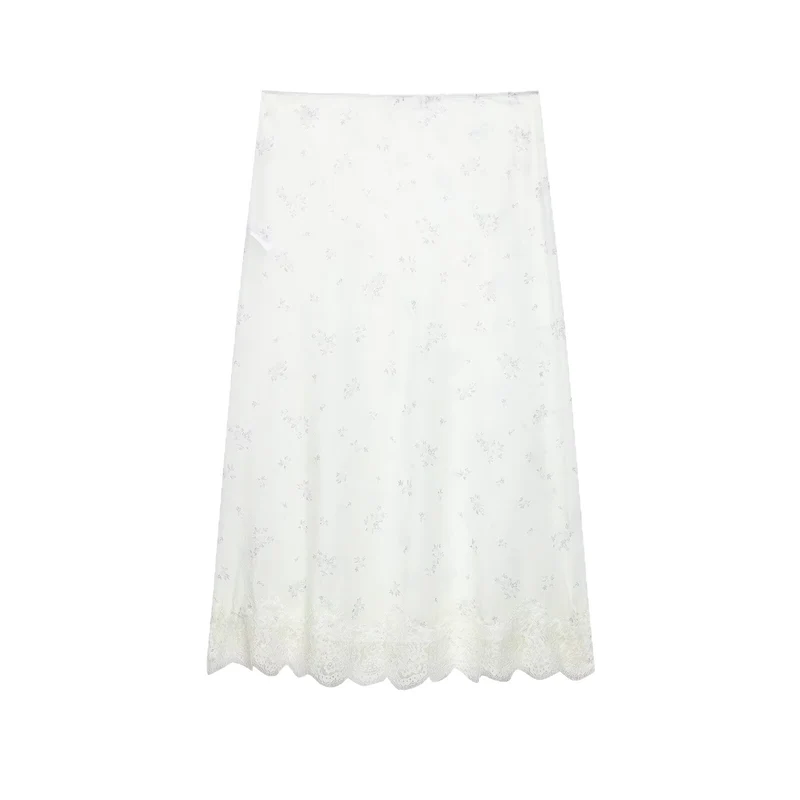 Damen Langer Unterrock mit floraler Spitzenborte und feinem Stickmesh Drune