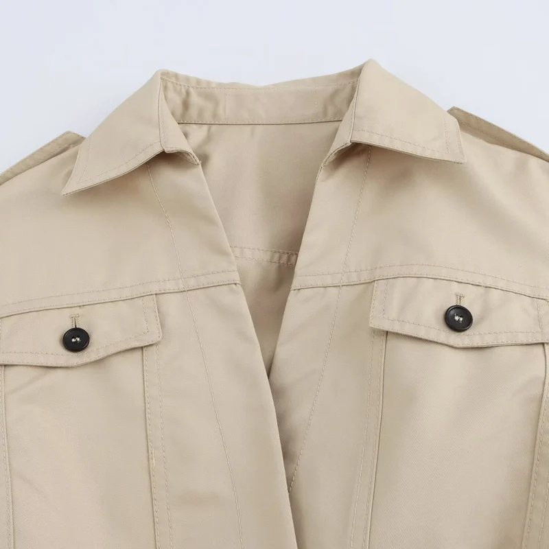 Damen Langer taillierter Trenchcoat mit Bindegürtel, Hemdkragen und Schulterpatten Drune