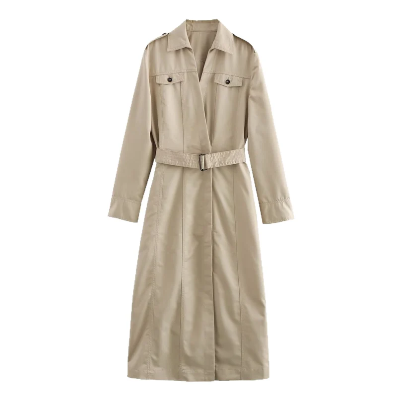 Damen Langer taillierter Trenchcoat mit Bindegürtel, Hemdkragen und Schulterpatten Drune