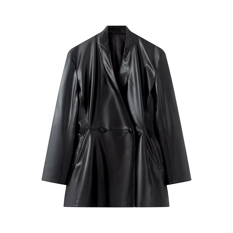 Damen Langer taillierter Blazer‑Mantel aus veganer Lederoptik mit fallendem Schalkragen und Doppelknopf-Leiste Drune
