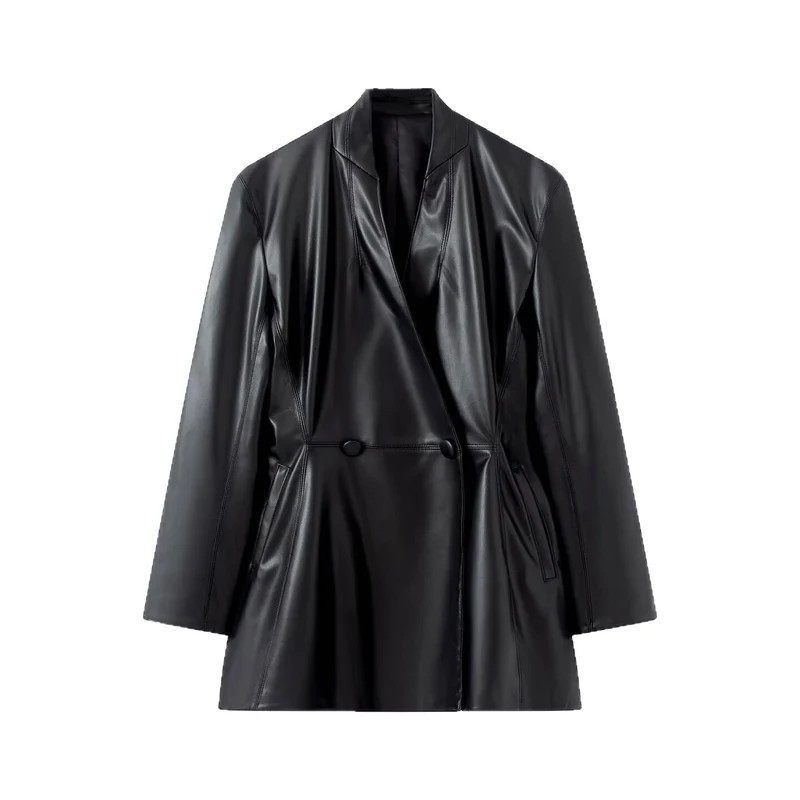 Damen Langer taillierter Blazer‑Mantel aus veganer Lederoptik mit fallendem Schalkragen und Doppelknopf-Leiste Drune