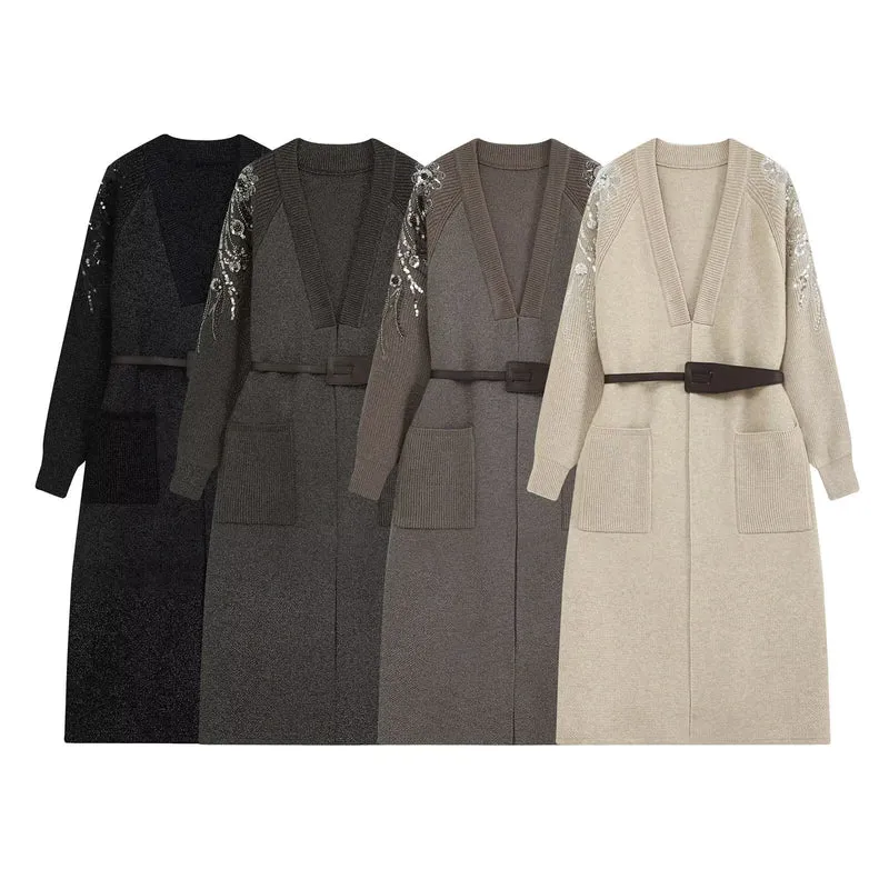 Damen Langer Strickmantel mit Taillengürtel und bestickten Ärmeln Drune