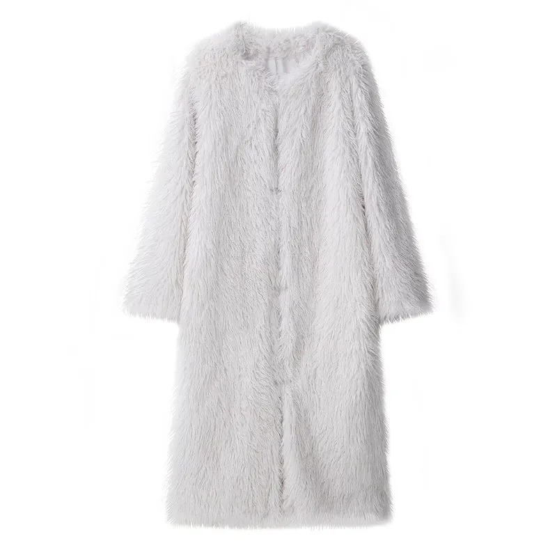 Damen Langer Shaggy-Kunstfellmantel im Longline-Schnitt Drune