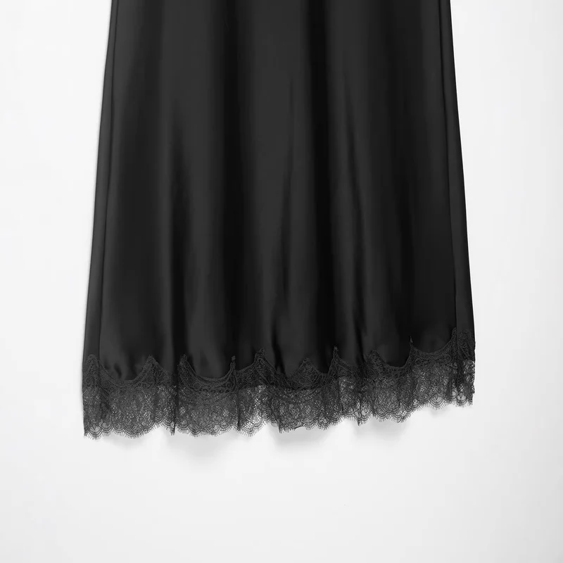 Damen Langer Satinrock mit feiner Spitze am Saum und leichter A-Linien-Silhouette Drune