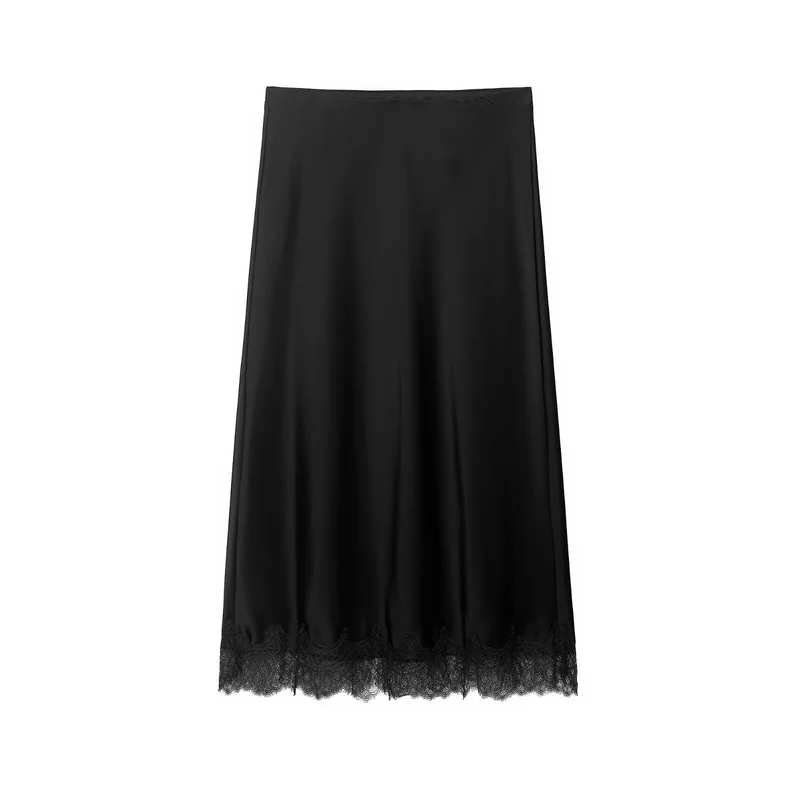 Damen Langer Satinrock mit feiner Spitze am Saum und leichter A-Linien-Silhouette Drune