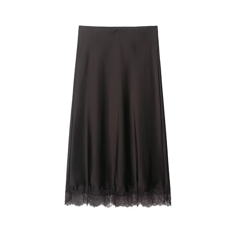 Damen Langer Satinrock mit feiner Spitze am Saum und leichter A-Linien-Silhouette Drune