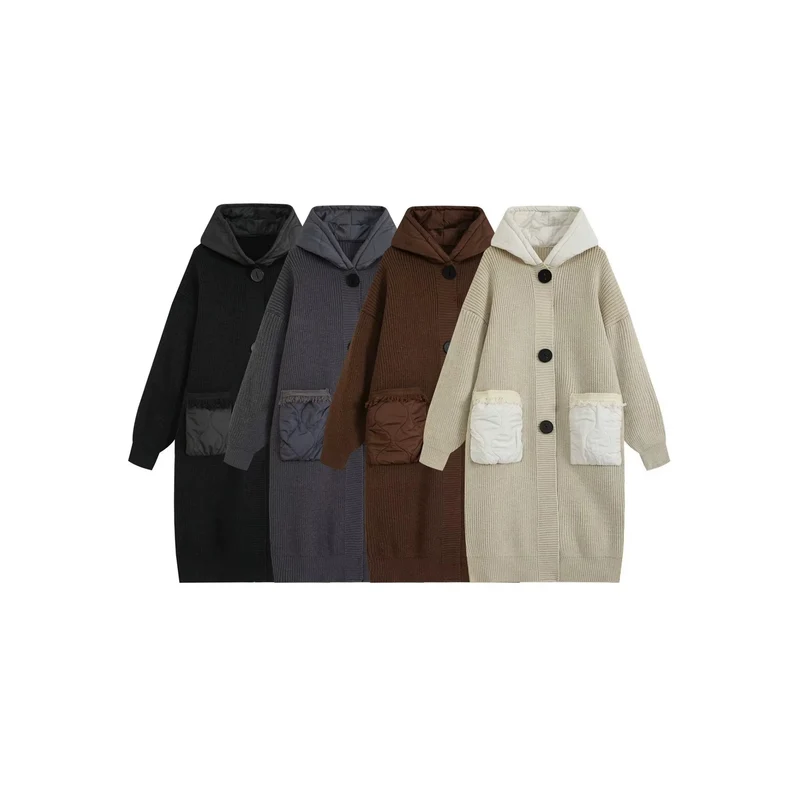 Damen Langer Oversize-Strickmantel mit gesteppter Kapuze und aufgesetzten Stepp-Taschen Drune