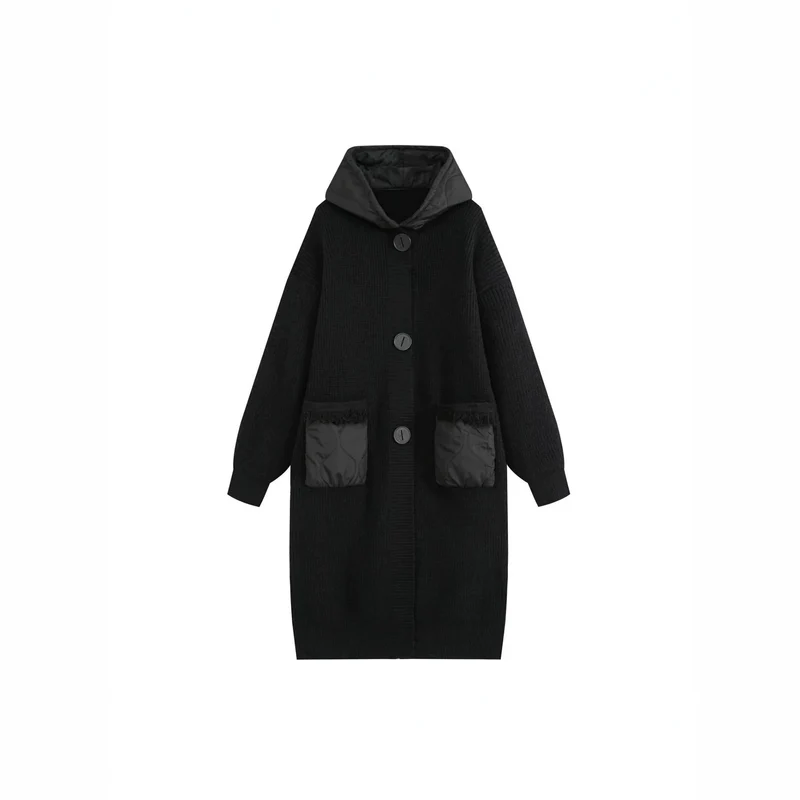 Damen Langer Oversize-Strickmantel mit gesteppter Kapuze und aufgesetzten Stepp-Taschen Drune