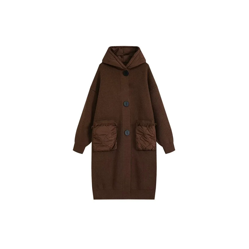 Damen Langer Oversize-Strickmantel mit gesteppter Kapuze und aufgesetzten Stepp-Taschen Drune