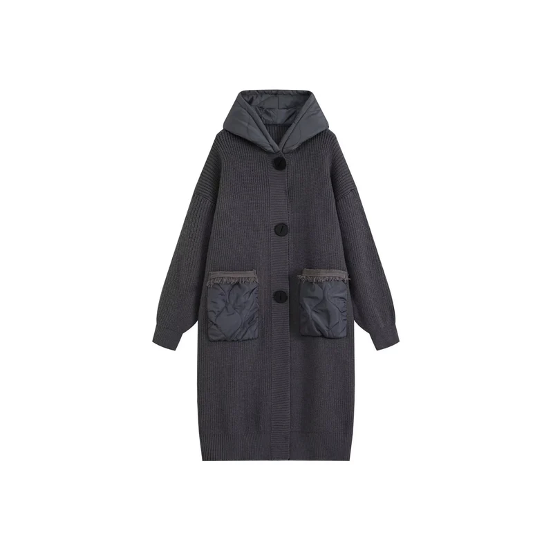 Damen Langer Oversize-Strickmantel mit gesteppter Kapuze und aufgesetzten Stepp-Taschen Drune