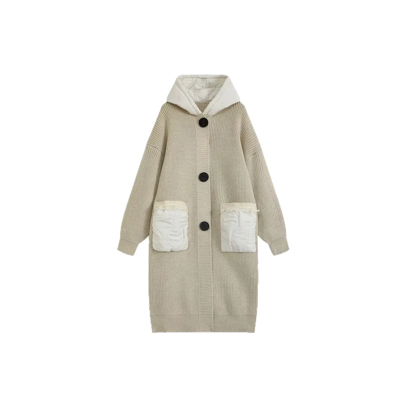 Damen Langer Oversize-Strickmantel mit gesteppter Kapuze und aufgesetzten Stepp-Taschen Drune