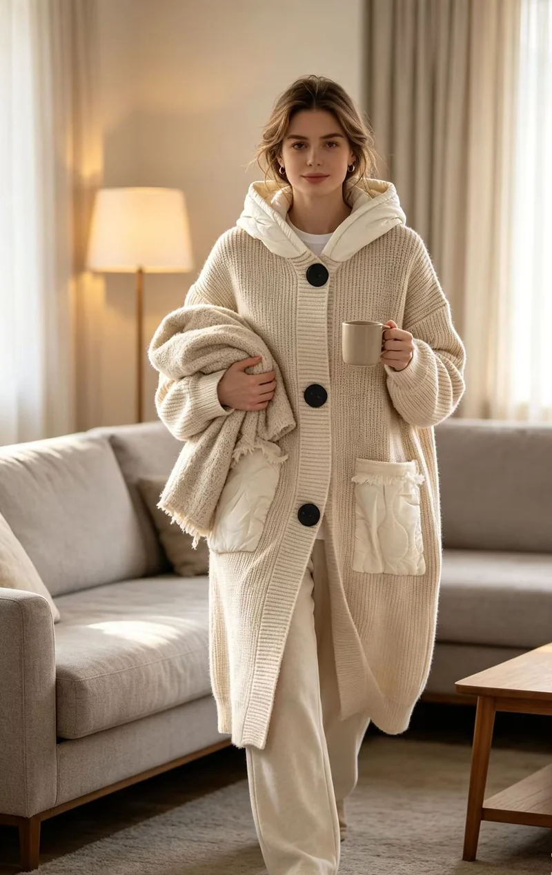 Damen Langer Oversize-Strickmantel mit gesteppter Kapuze und aufgesetzten Stepp-Taschen Drune