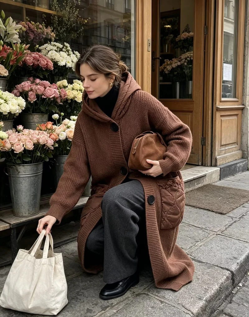 Damen Langer Oversize-Strickmantel mit gesteppter Kapuze und aufgesetzten Stepp-Taschen Drune