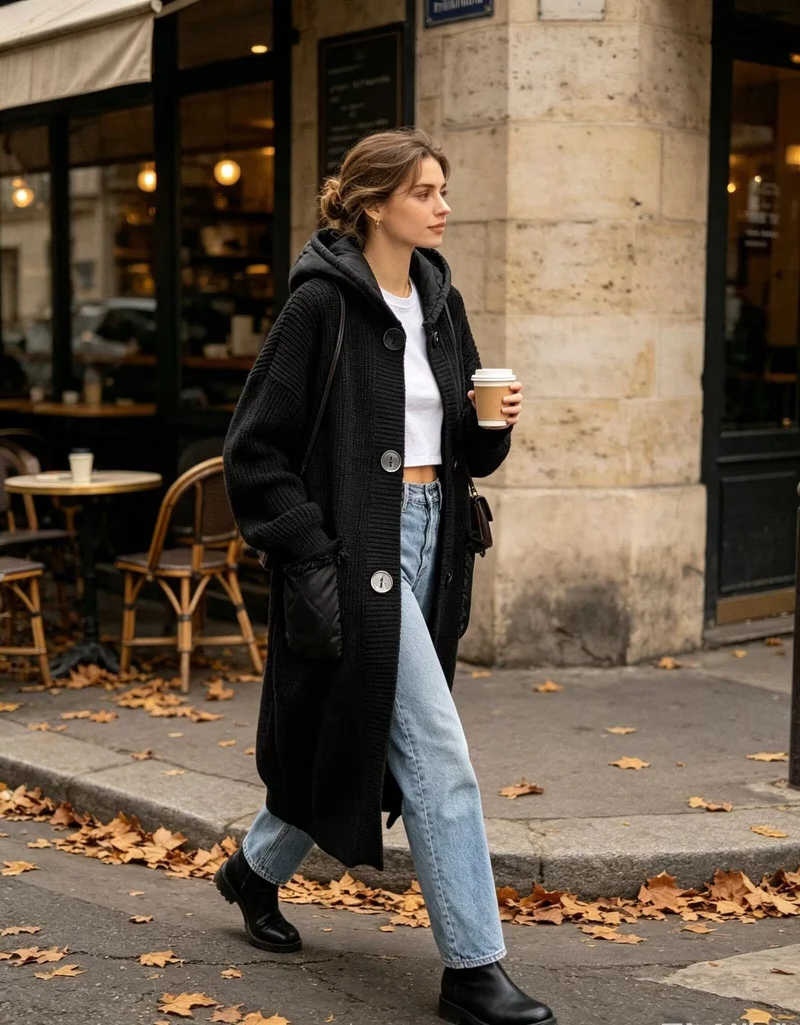 Damen Langer Oversize-Strickmantel mit gesteppter Kapuze und aufgesetzten Stepp-Taschen Drune