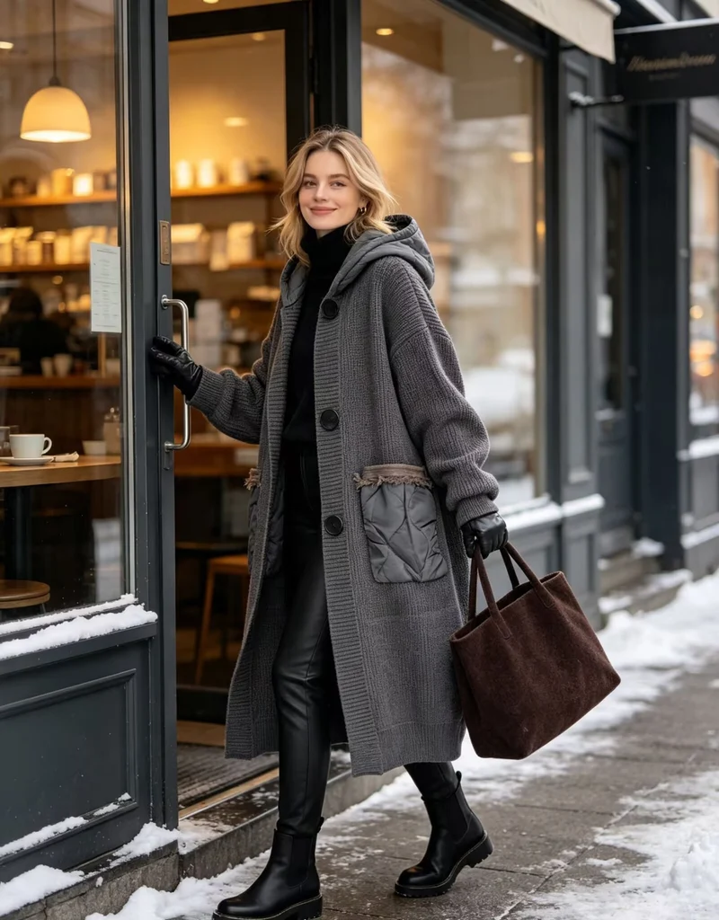 Damen Langer Oversize-Strickmantel mit gesteppter Kapuze und aufgesetzten Stepp-Taschen Drune