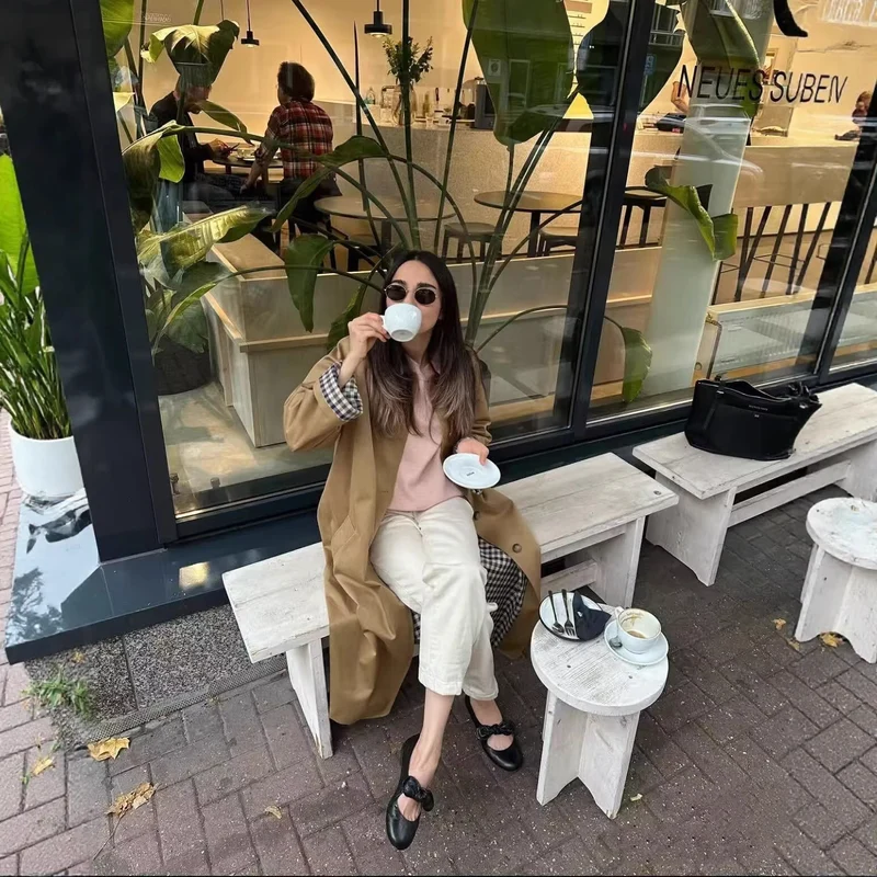Damen Langer minimalistischer Trenchcoat mit weitem Kragen und gerader Silhouette Drune