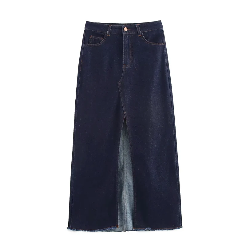 Damen Langer Jeans-Midirock mit hoher Taille, Frontschlitz und rohem Saum Drune