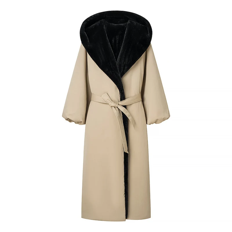 Damen langer gefütterter Mantel mit Kapuze und Faux-Fur-Futter Drune