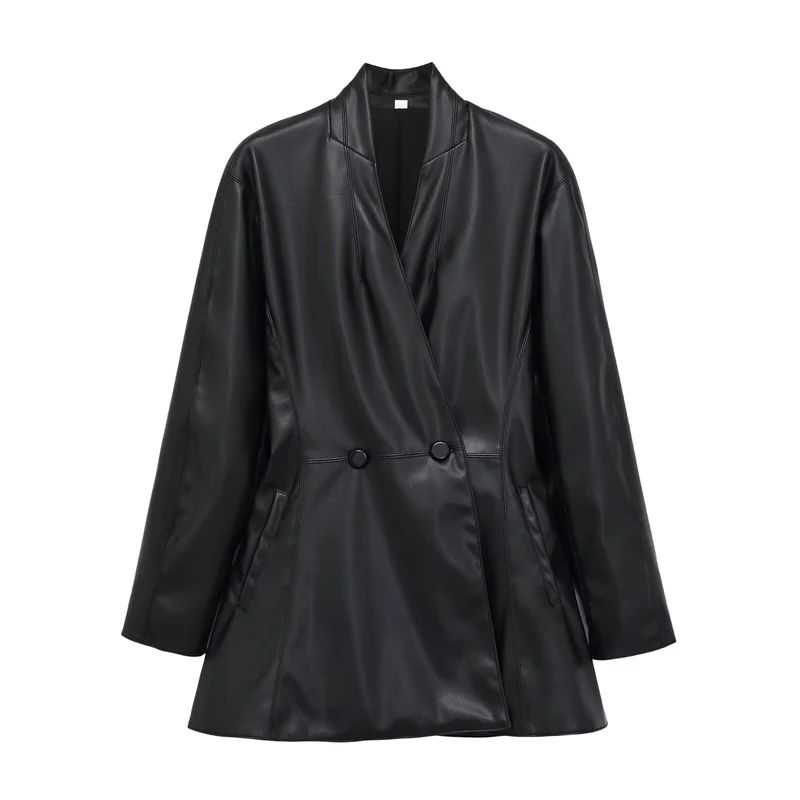 Damen Langer doppeltreihiger Blazer‑Mantel aus veganer Lederoptik mit Schalkragen Drune
