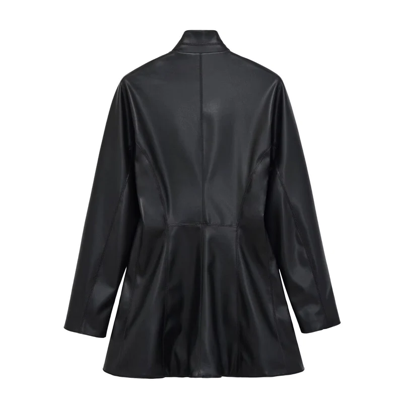 Damen Langer doppeltreihiger Blazer‑Mantel aus veganer Lederoptik mit Schalkragen Drune