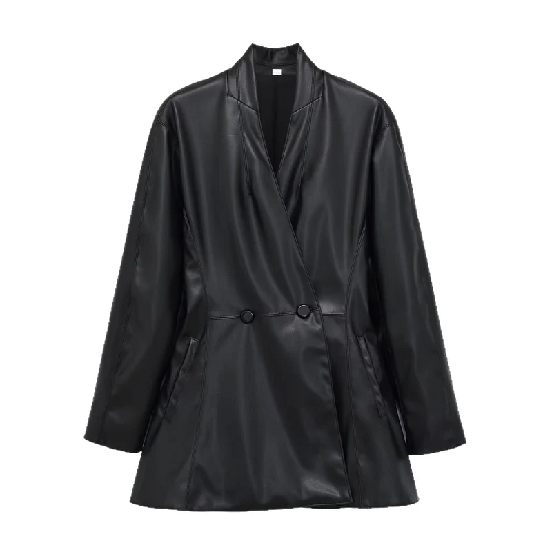 Damen Langer doppeltreihiger Blazer‑Mantel aus veganer Lederoptik mit Schalkragen Drune
