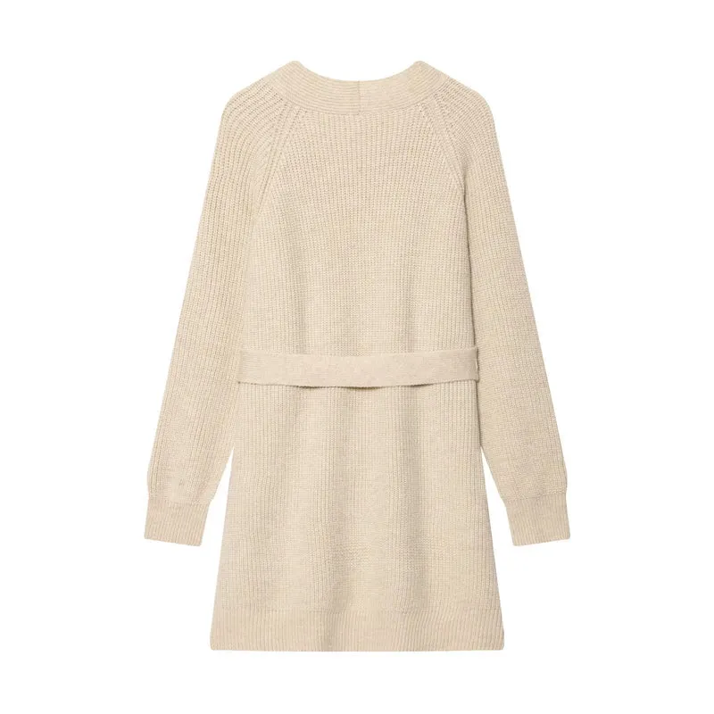 Damen Lange Strickjacke mit Bindegürtel und Schmuckstein-Applikation Drune
