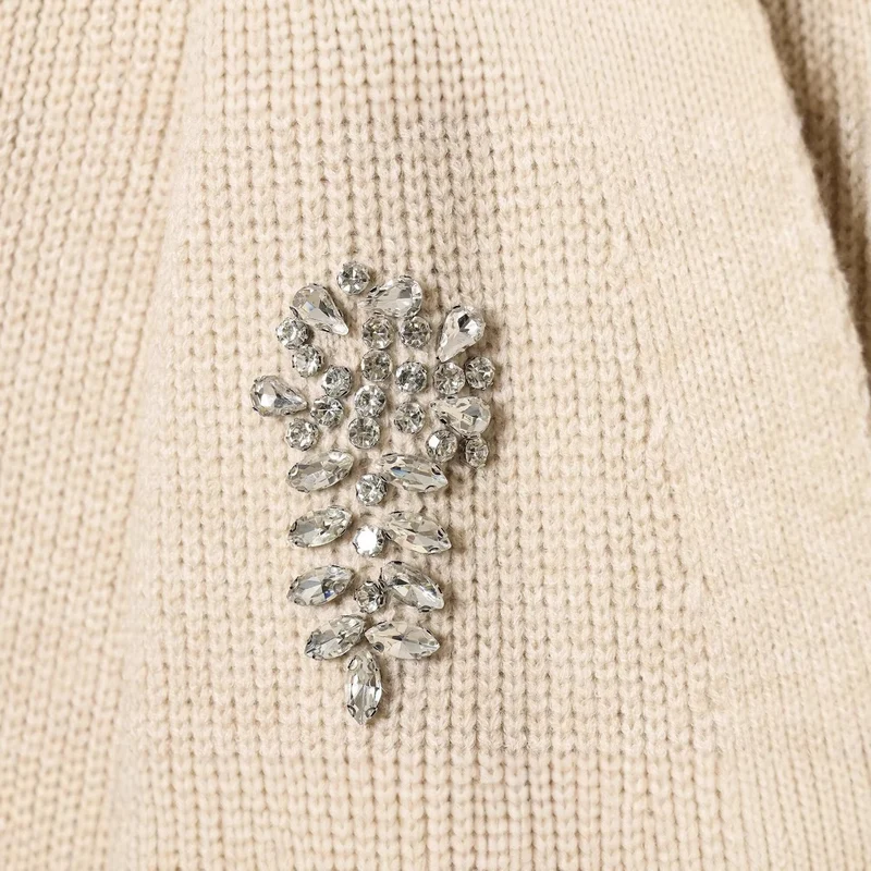 Damen Lange Strickjacke mit Bindegürtel und Schmuckstein-Applikation Drune