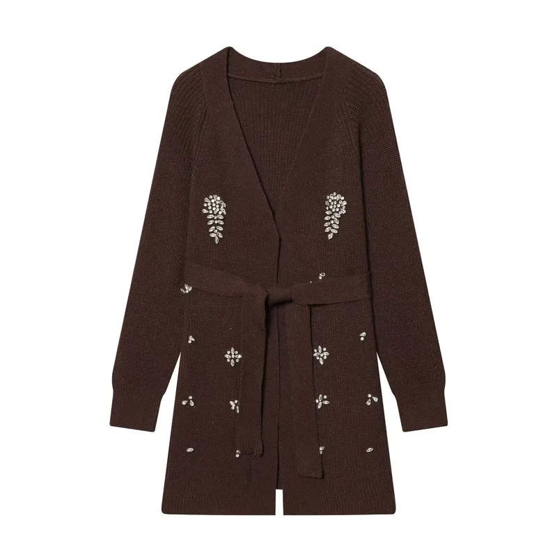 Damen Lange Strickjacke mit Bindegürtel und Schmuckstein-Applikation Drune
