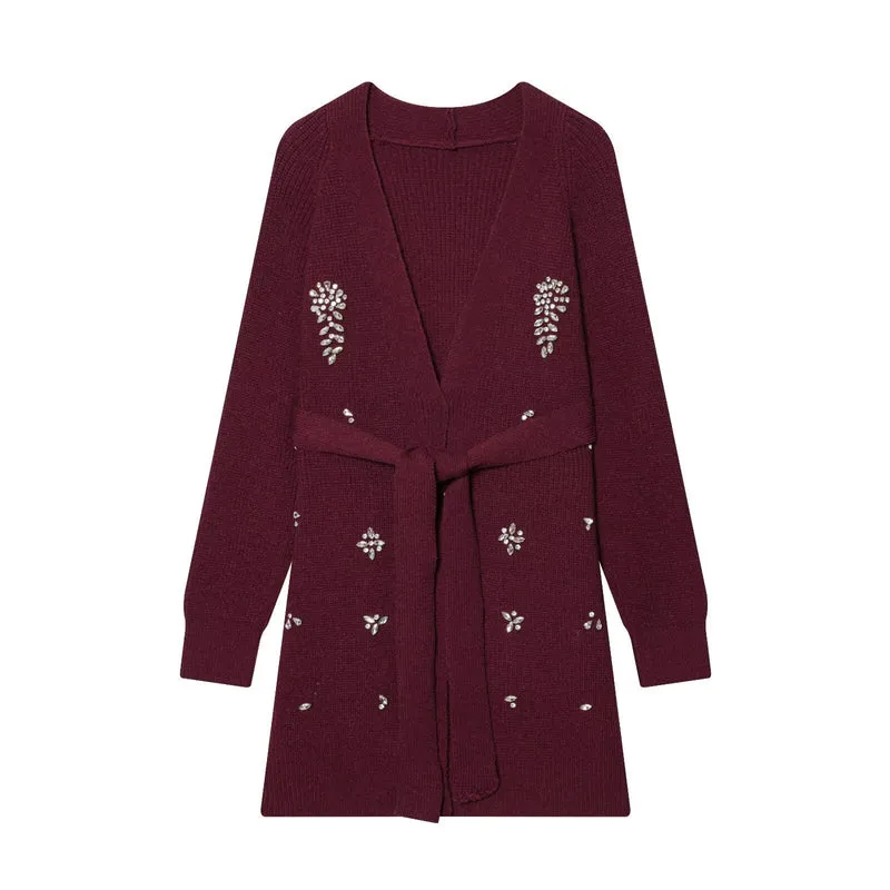 Damen Lange Strickjacke mit Bindegürtel und Schmuckstein-Applikation Drune
