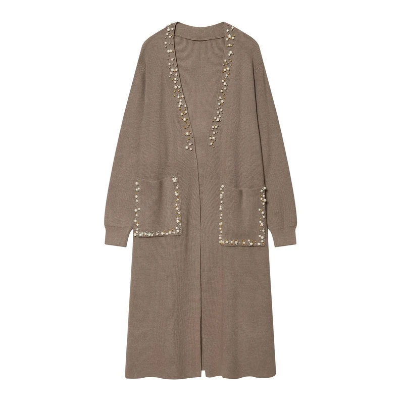Damen lange offene Strickjacke mit Perlenbesatz und aufgesetzten Taschen Drune