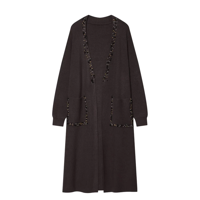 Damen lange offene Strickjacke mit Perlenbesatz und aufgesetzten Taschen Drune