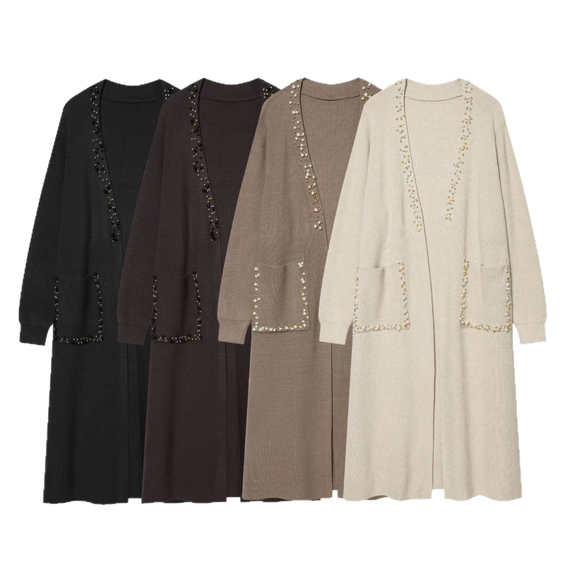 Damen lange offene Strickjacke mit Perlenbesatz und aufgesetzten Taschen Drune