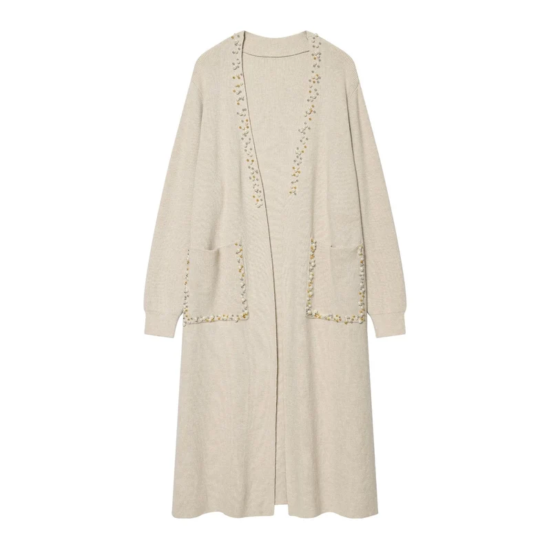 Damen lange offene Strickjacke mit Perlenbesatz und aufgesetzten Taschen Drune