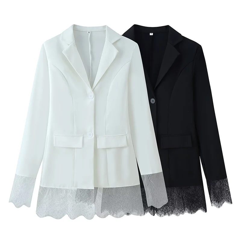 Damen Langblazer mit Spitzenbesatz an Saum und Manschetten, taillierter Schnitt Drune