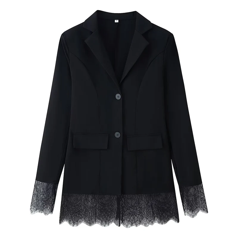 Damen Langblazer mit Spitzenbesatz an Saum und Manschetten, taillierter Schnitt Drune