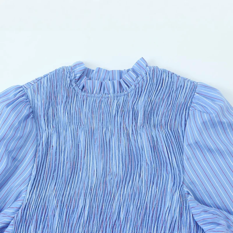 Damen Langärmlige Smockbluse mit Stehkragen und Volantsaum Drune