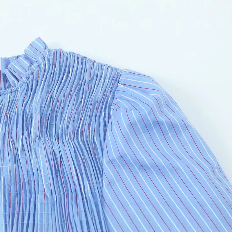 Damen Langärmlige Smockbluse mit Stehkragen und Volantsaum Drune