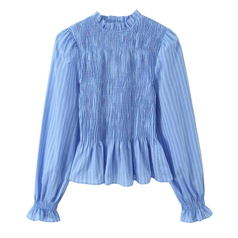 Damen Langärmlige Smockbluse mit Stehkragen und Volantsaum Drune