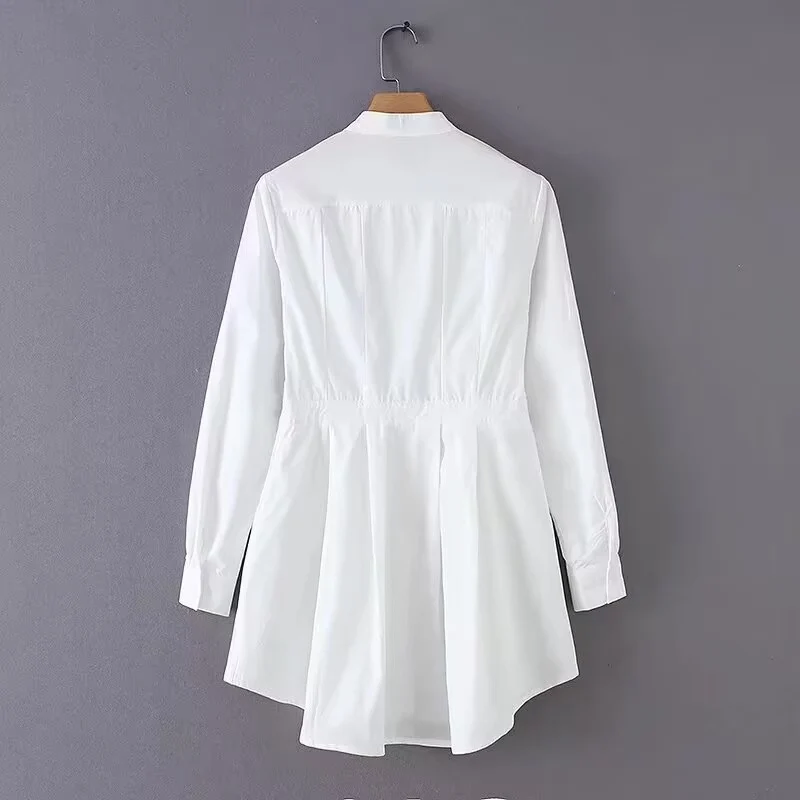 Damen Langärmlige Hemdbluse mit Stehkragen, Taillennaht und ausgestelltem Peplum Drune