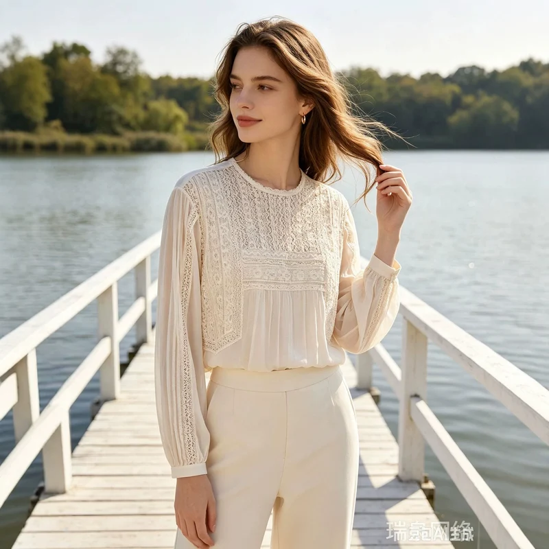 Damen Langärmlige Boho-Spitzenbluse mit Häkel- und Plissee-Details Drune