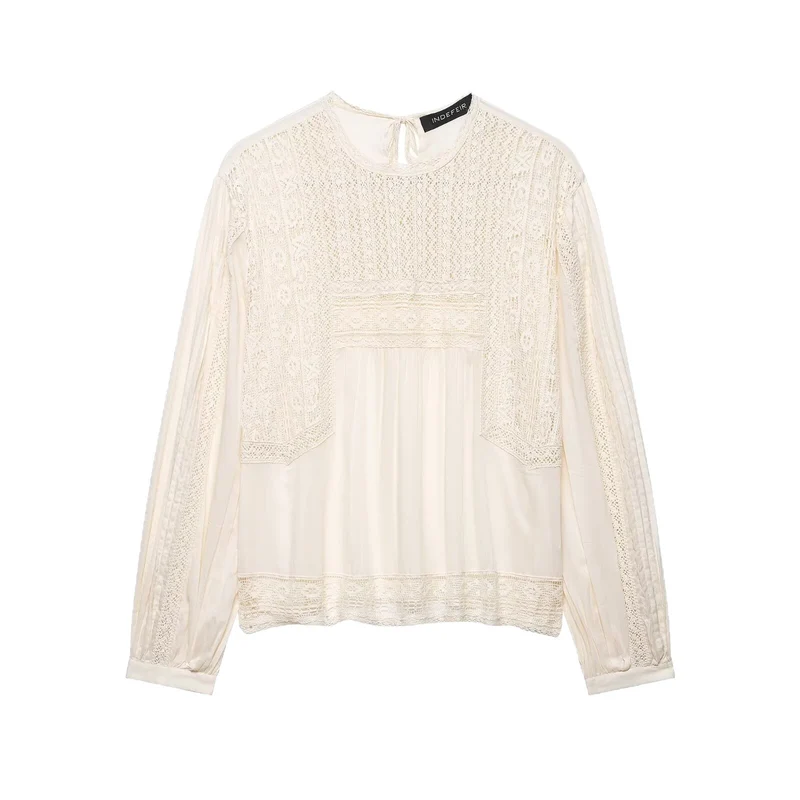 Damen Langärmlige Boho-Spitzenbluse mit Häkel- und Plissee-Details Drune