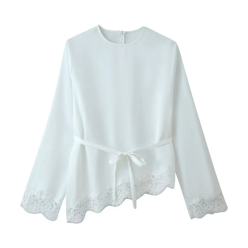 Damen Langärmlige Bluse mit Taillenband und Spitzenbesatz Drune