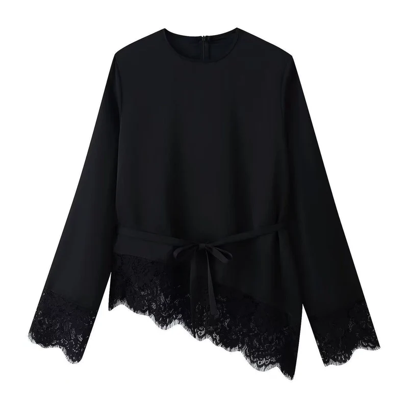Damen Langärmlige Bluse mit Taillenband und Spitzenbesatz Drune